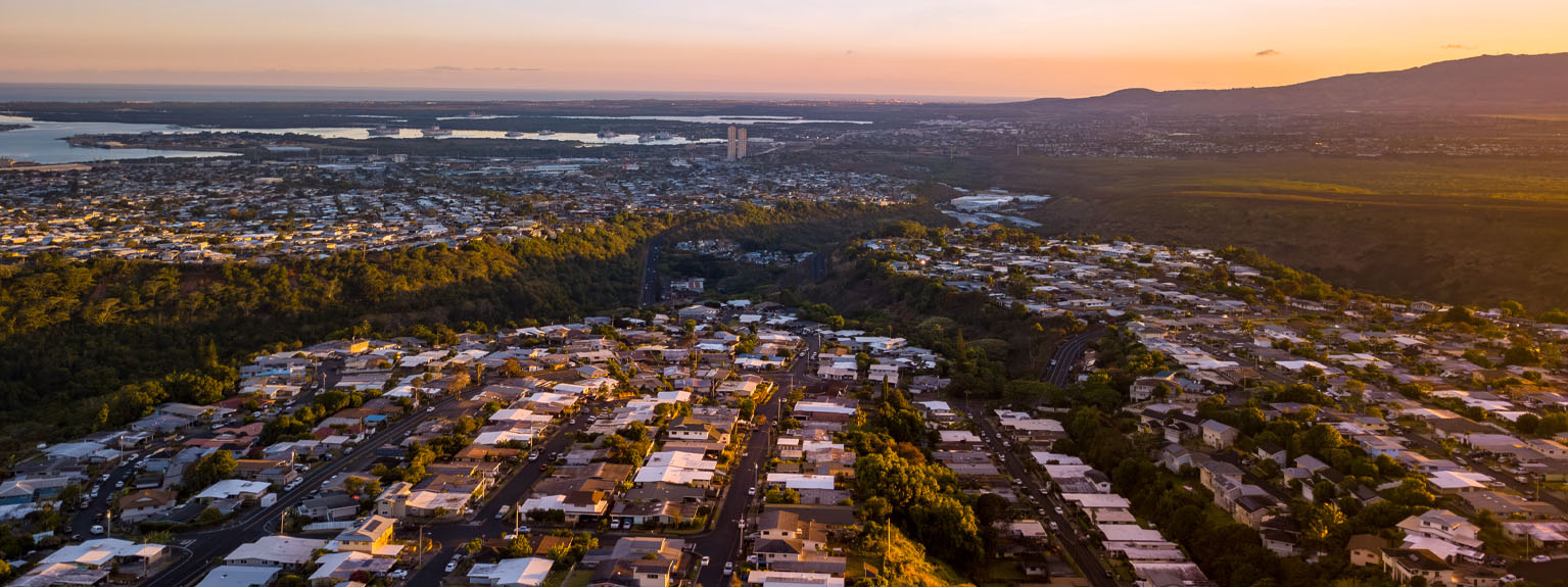 Aerial view of Pearl City and West Oʻahu at sunset