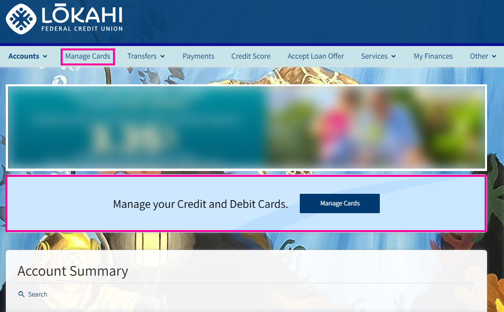 screenshot of online banking with Manage Cards access areas highlighted